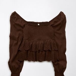 Brown aerie Smocked Peasant Top